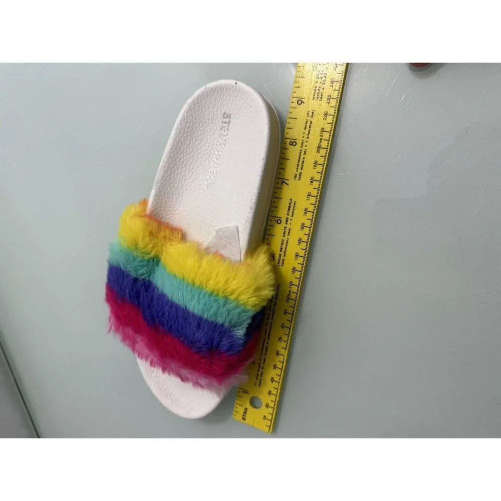 Steve Madden Rainbow Faux Fur Slippers Sandals Slides Women's Girls Big Kids 4